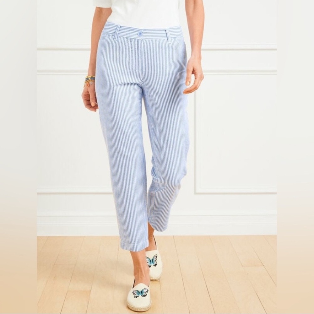 Talbots Perfect Crop Pants Womens Size 6 Blue White Stripe Seersucker Stretch